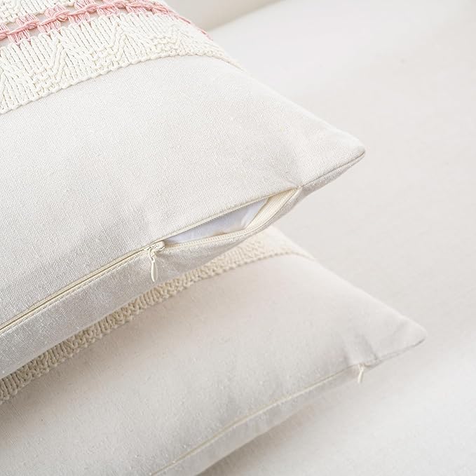 Fancy Homi Set of 2 Boho Pink Euro Decorative Throw Pillow Cover 26x26 Inch for Couch Bed Bedroom, Aesthetic Modern Organic Farmhouse Room Decor, Soft Cotton Accent Macrame Woven Cushion Case