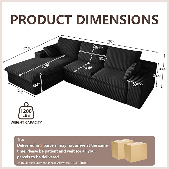 107 Inch Cloud Sectional Couch, Modern Modular Sectional Sofa with Deep Seat, Corduroy Boneless Couches with L-Shape Chaise for Living Room Bedroom, No Assembly Required (Black, Left Facing Chaise)