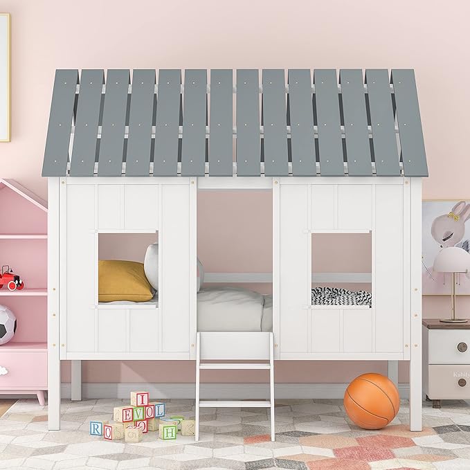 Merax Twin Size Wooden House Bed, Low Loft Bed Frames with Two Front Windows and Roof for Girls and Boys, White(Grey Roof)