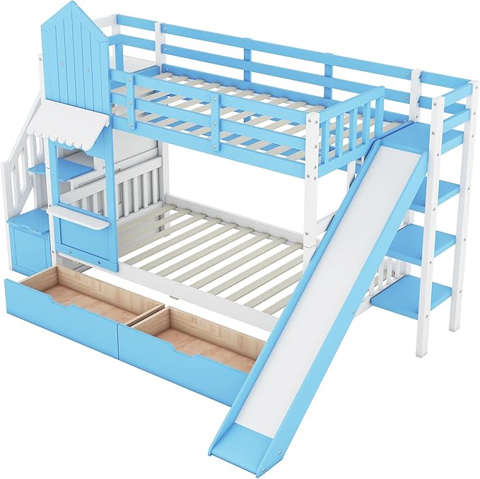 Twin-Over-Twin Castle Style Bunk Bed with 2 Drawers and 3 Shelves, Wooden Bunk Bed Frame and Storage Staircase