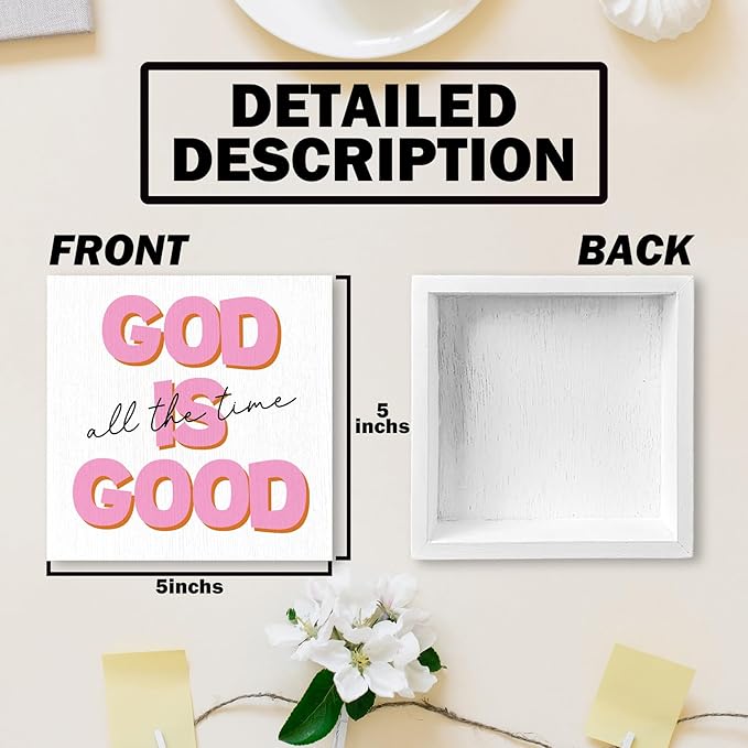 Christian Wood Box Sign - Inspirational Quotes Desk Shelf Decor, Bible Verse Decor, God is Good All the Time Pink Christian Wooden Block Plaque Box Sign for Teen Girl Room Dorm Decorations
