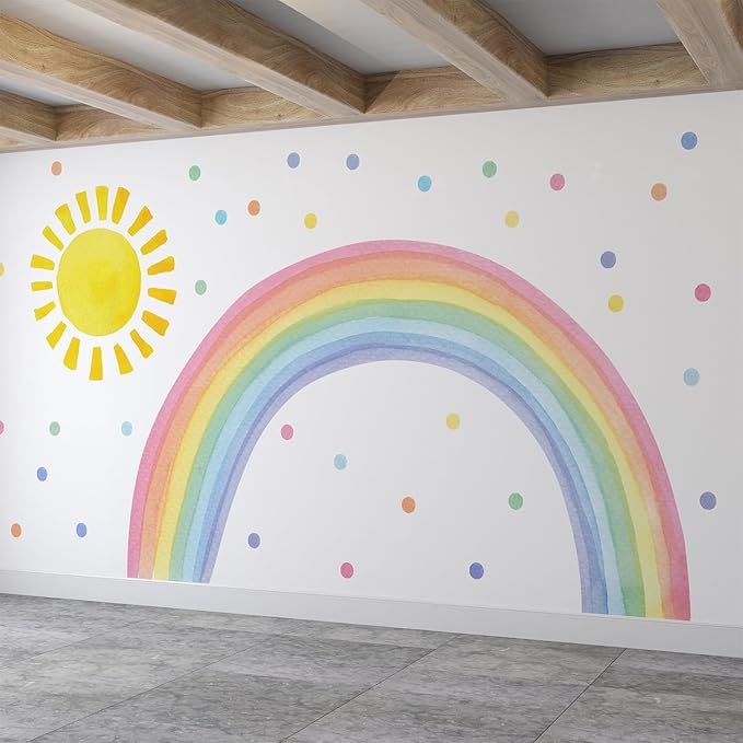 Watercolor Rainbow, Sun, Polka Dots Wall Decal for Kids Room, Nursery, Baby Room Decor, Polka Dots Mural, Rainbow Wallpaper (Rainbow-Sun-Polkadots, XXLarge)