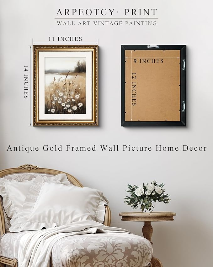 ARPEOTCY Vintage Gold Framed Wall Art, Wildflower Field Paintings, Floral Aesthetic Canvas Picture Prints Artwork with Frame, Classical Victorian Wall Decor for Living Room Bathroom Bedroom 11x14 inch