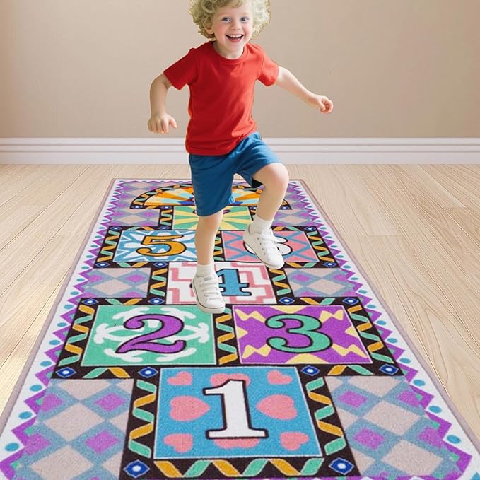 Kids Colorful Educational Hopscotch Game Rug, Numbers 1-8 Pattern, Geometric Border Design, Rectangular Floor Mat for Playroom