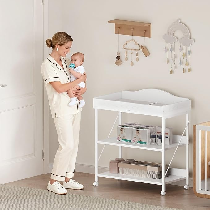 Baby Changing Table, Diaper Changing Station with Pad and Wheels, Two-Tier Open Storage Shelves, Waterproof Diaper pad & Safety Strap, Compact Baby Furniture for Nursery, White