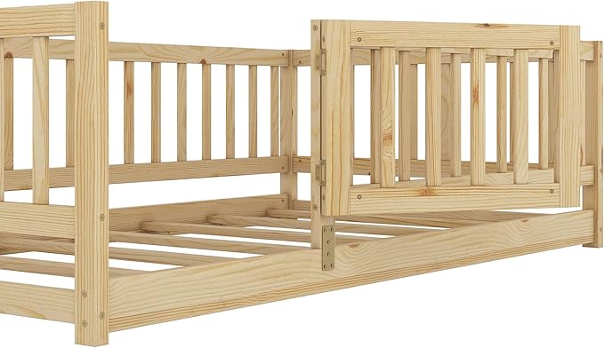 Twin Size Floor Bed Frame with Door and Slats,Montessori Floor Bed with Safety Guardrails for Girls Boys,Solid Wood Kids Montessori Bed Twin Size,Natural