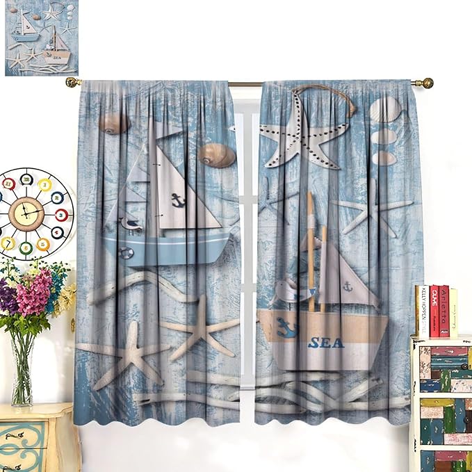 Nautical Curtain,Navy Anchor Sailing Map Starfish Seashells Bedroom Curtain,Waterproof Washable Fabric for Bedroom Decor Set 2 Panels,42x54 Inches
