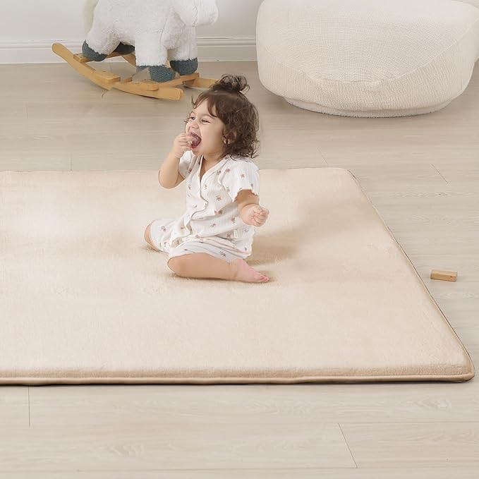 1.3" Thick Baby Floor Play Mat 71x79, Basic Padded Foam Mat for Tummy Time Crawling, Non Slip Cushioned for Babies Toddlers Infants Kids (Beige)