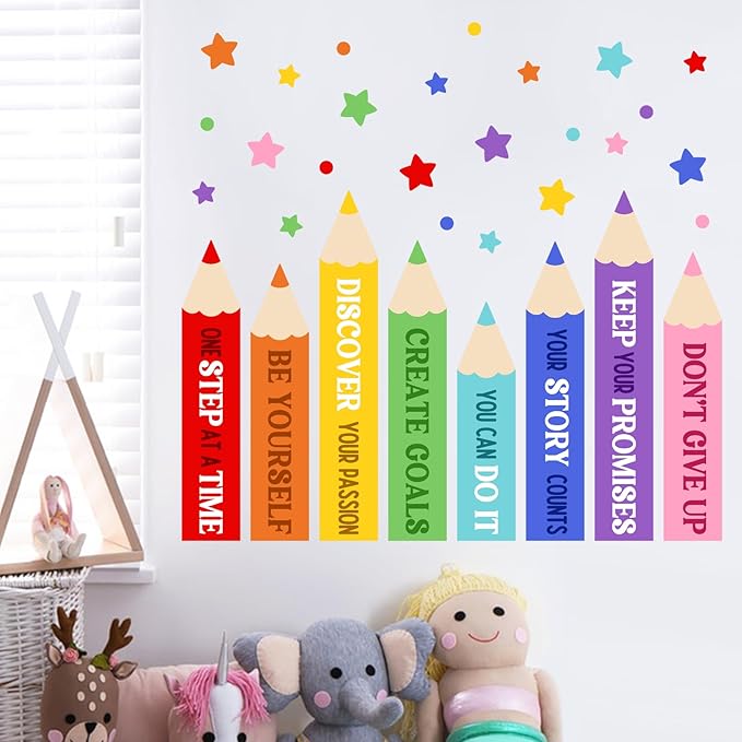 Mfault Colorful Pencil Inspirational Wall Decals Stickers, Cute Motivational Quote Rainbow Stars Nursery Decorations Kids Bedroom Art, Positive Be Yourself Baby Toddler Room Playroom Classroom Decor