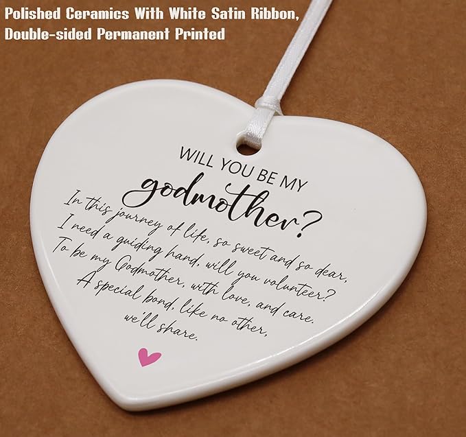 Heart Shaped Christmas Ornament-Godmother Proposal Keepsake-First Time Godmom to Be Pregnancy Announcement Present-Christening Baptism Decor-Will You Be My Godmother