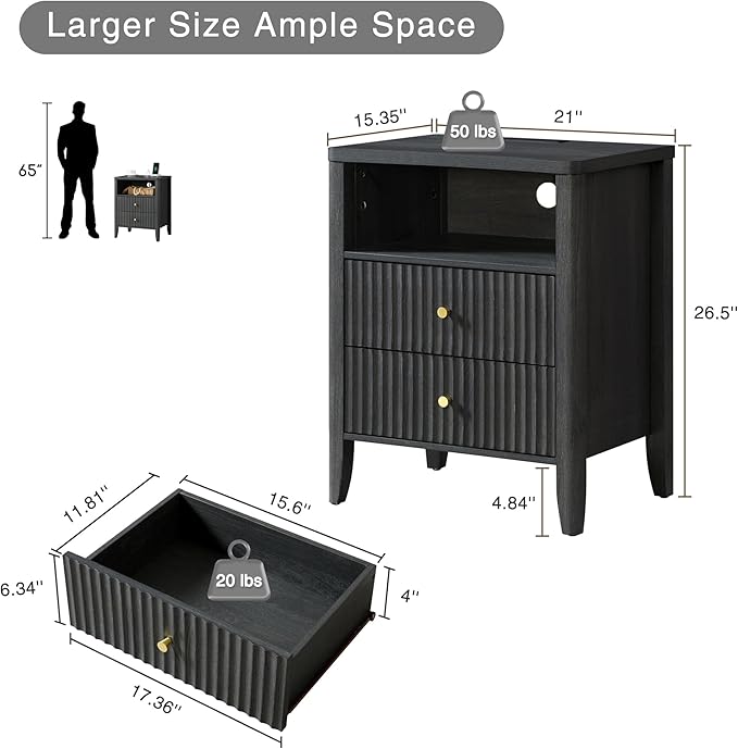 Fluted Nightstand with Charging Station Set of 2, 21" Wide Modern Bedside Table with 2 Drawers & Open Shelf, Wood End Table with Storage & Metal Handle for Bedroom, Small Spaces, Black