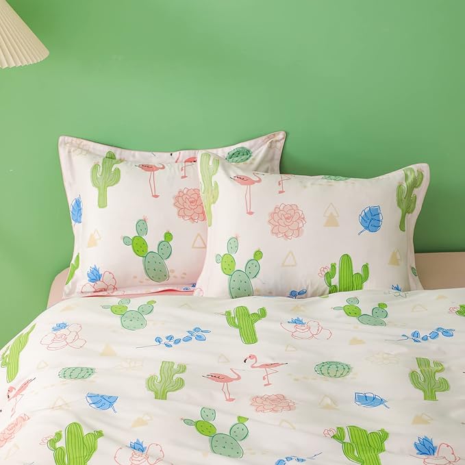 Simple&Opulence 100% Organic Cotton Duvet Cover for Kids Teens, 3 Pieces Soft Comforter Cover with Zipper Closure Warm Adorable Flamingo Bedding Set - Cactus, Twin