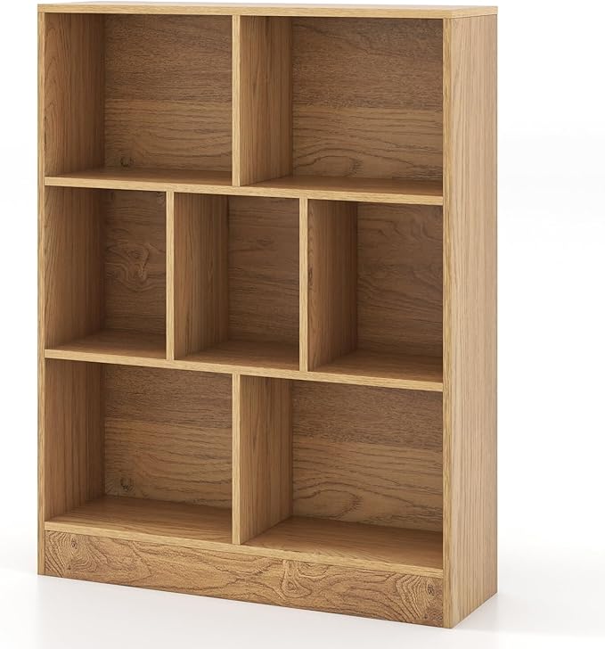 Costzon 7-Cube Bookshelf for Kids, Wooden Toy Storage Organizer w/ 2 Anti-Toppling Kits, 3 Tier Open Shelves & Non-Slip Foot Pads, Montessori Toy Shelf for Kids Rooms, Playroom, Classroom, Nursery