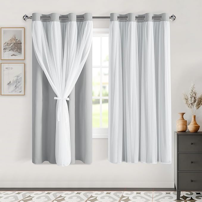 DWCN Layered Curtains for Living Room Blackout and Sheer Curtains Grommet Top Window Treatments with Sheer Overlay for Bedroom, 52 W by 63 L, Cloud Grey, 2 Pieces