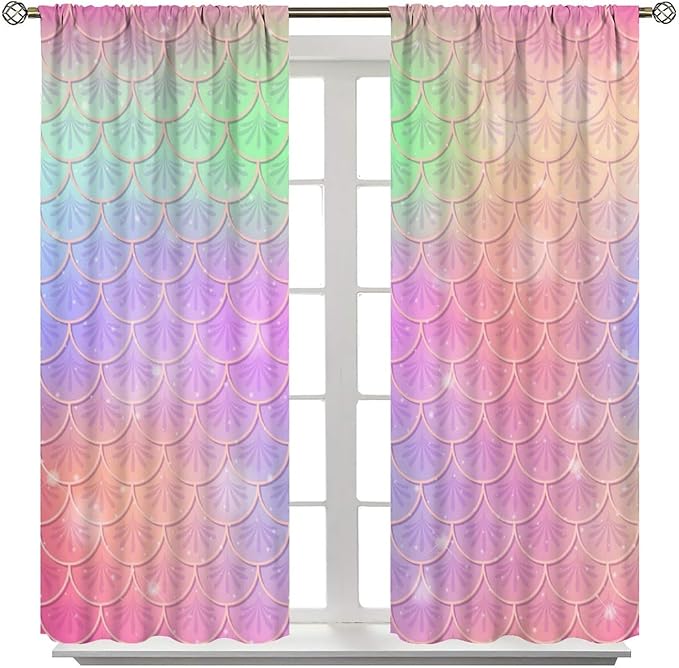Mermaid Curtains, Kids Cartoon Watercolor Sea Animals Mermaid Princess Scales Pattern Print Living Room Decoration for Kids Girls Bedroom Nursery 63x63 Inch