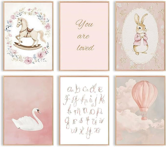 Uniro Pink Nursery Wall Decor Art Prints, Vintage Baby Girl Nursery Room Decor, Cute Baby Girl Room Decor Swan Bunny Hot Air Balloons Alphabets Canvas Painting, Antique Nursery Poster for Little Girl's Bedroom, Kids Room Decor-8x10inch|Unframed