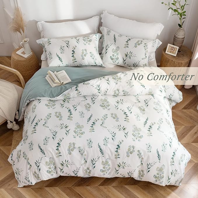 MILDLY Duvet Cover Queen Size - 100% Washed Cotton Sage Green Eucalyptus Reversible Floral Duvet Cover Set 3 Pieces with Zipper Closure Corner Ties