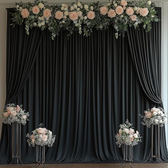 Black Backdrop Curtains for Wedding Parties, 10x10FT Wrinkle Free Photo Backdrop Curtains for Wedding Birthday Party Baby Shower, Fabric Drape with Rod Pockets 5ft x10ft, 2 Panels