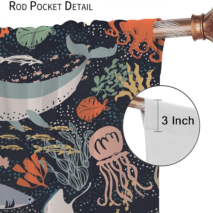 Sea Animals Curtain Cartoon Fish，Undersea Cute Whales Dolphin Underwater Wild Life Blue Ocean Boys Girls Waterproof Polyester Fabric Bedroom Decoration Set 2 Panels,63x63 Inches