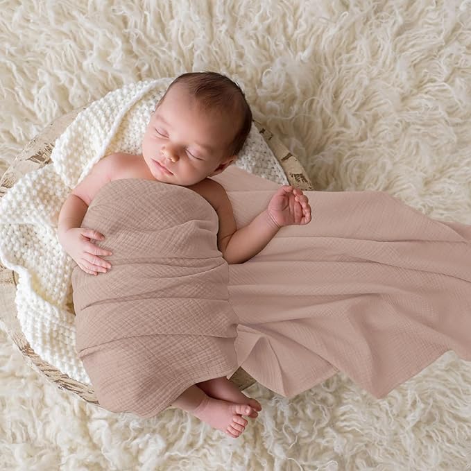 Bearmoss Muslin Swaddle Blankets, 40 x 38 inches Baby Swaddle for Boys and Girls, Soft Baby Blanket, 3 Pack Breathable Nursery Receiving Blankets (Beige Star)