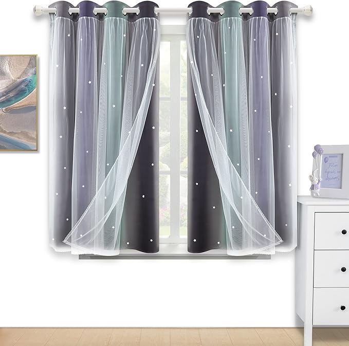 Kinryb Nursery/Kids/Girls Room Star Cut Out Blackout Rainbow Curtain with Sheer Overlay 2 Panels, Each 52 inch Wide,45 inch Length with White Gauze,Ombre Stripe Rainbow Curtains (2 Panels,52x45 Inch)