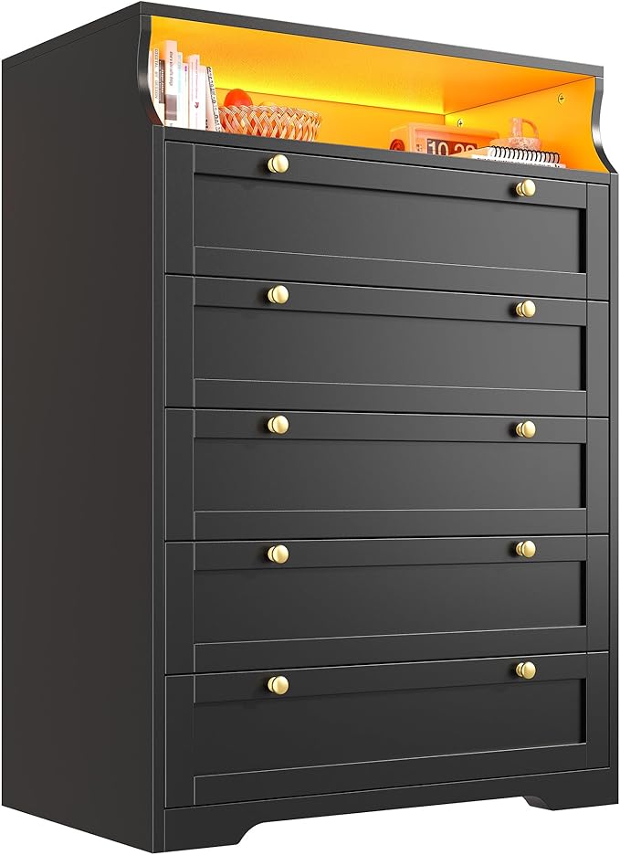 EnHomee Black Dresser with LED Light, Tall Dresser for Bedroom, 5 Drawers & 1 Shelves Space Saver for Bedroom, Hallway, 31.3" W x 48.5" H x 15.7" D