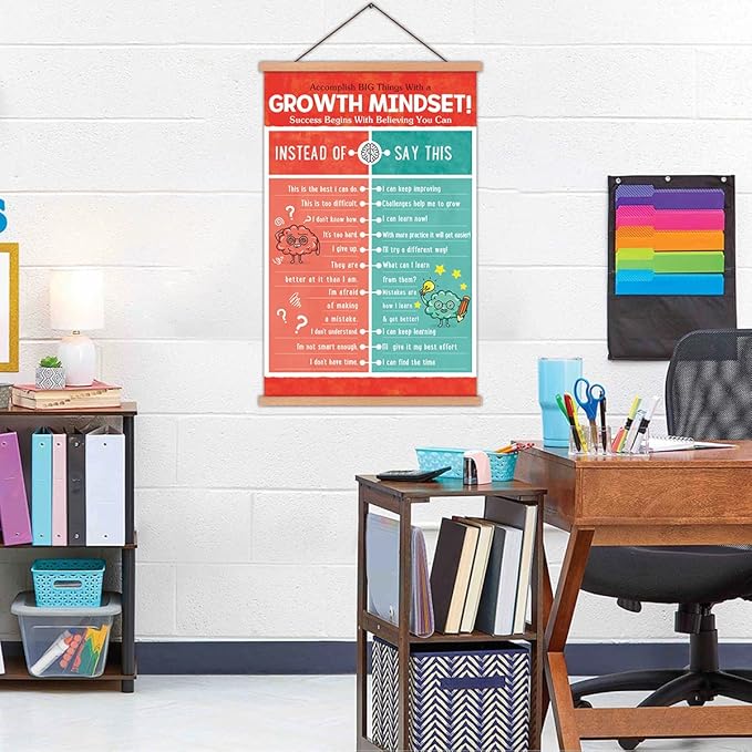 KAIRNE Kids Growth Mindset Poster Educational Classroom Poster With Wood Magnetic Hanger,Motivational Quote Canvas Wall Art(35X56CM) Students Positive Art Print For Kids Playroom Classroom Decor