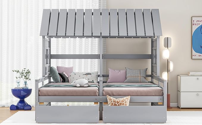 Harper & Bright Designs Twin Size House Platform Beds with Two Drawers for Boy and Girl Shared Beds, Combination of 2 Side by Side Twin Size Beds, Gray