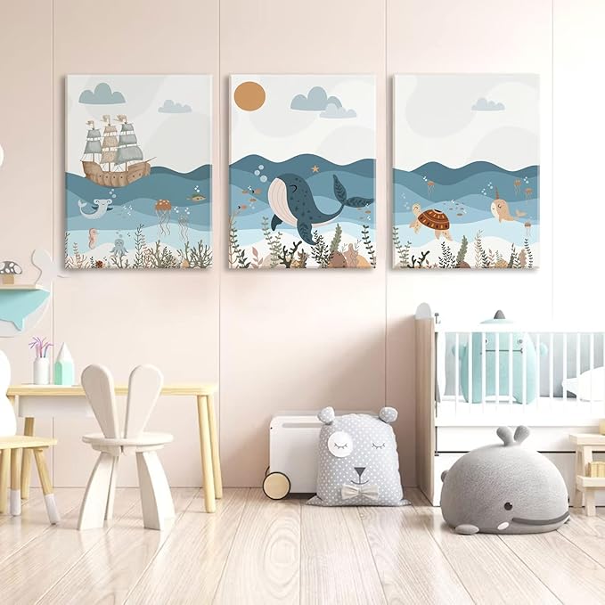 LYPHNX Framed Blue Ocean Nautical Nursery Canvas Wall Art Sea Turtle Whale Animal Painting Picture Set of 3 Kids Prints Poster Wall Decor for Baby Boys Girl Children's Room Bedroom Bathroom 16"x24"