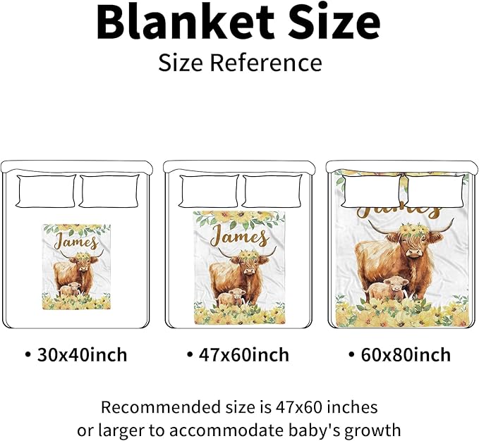 Personalized Baby Blankets for Girls, Custom Name Yellow Flower Highland Cow Theme Baby Blanket, Soft Receiving Blanket for Newborns and Toddlers, Ideal for Baby Showers and Nursery Decor