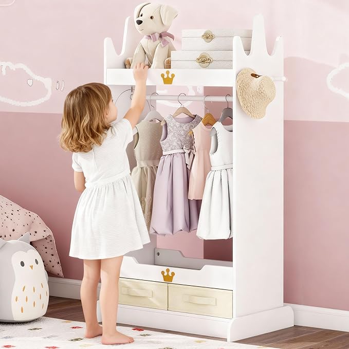 Kids Dress Up Storage with Mirror, Kids Costume Wardrobe with Shelves & Non-Woven Drawers, Children Open Hanging Armoire Costume Organizer for Kids Room, Nursery, Preschool, White