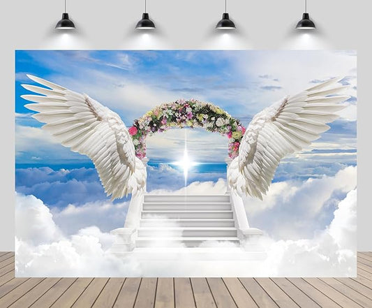 10x6.5ft Angel Wings Backdrop Blooming Flowers Arch Door Stairs to Heaven Holy Light Clouds Blue Sky Background Baby Shower Prayer Church Party Decor Newborn Portrait Photo Booth Studio Props