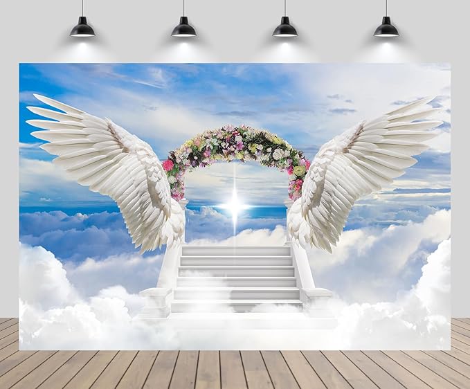 7x5ft Angel Wings Backdrop Blooming Flowers Arch Door Stairs to Heaven Holy Light Clouds Blue Sky Background Baby Shower Prayer Church Party Decor Newborn Portrait Photo Booth Studio Props