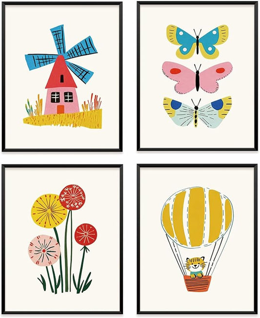 VONTP Kids Classroom Wall Art Decor, Eclectic Retro Floral Hot Air Balloon Butterfly Nursery Prints Poster Wall Decorations for Kids Room Bedroom Playroom Classroom, 8x10 Inch Set of 4 (Unframed)