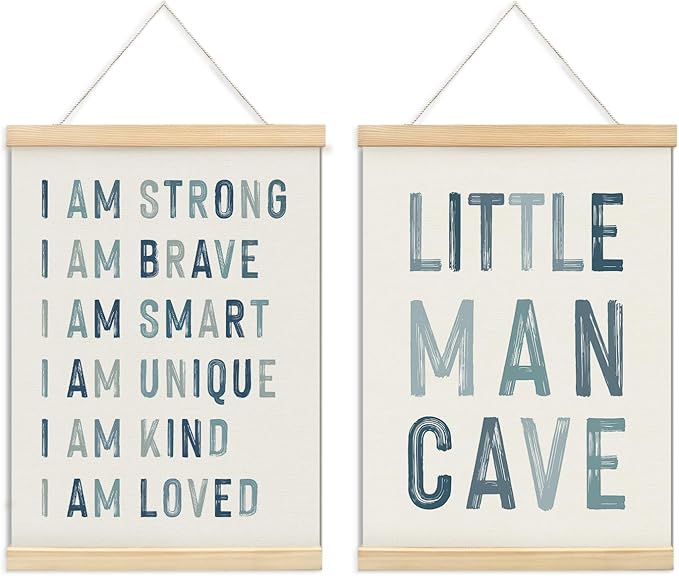 ULEGIE Boy Nursery Decor Posters Framed with Wood Hanger, Little Man Cave Sign for Boys Kids, Boys Room Decor, Toddler Room Decor, Art Prints for Nursery Playroom Bedroom, 2 Pack 12 x 16 Inches-Blue