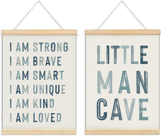 ULEGIE Boy Nursery Decor Posters Framed with Wood Hanger, Little Man Cave Sign for Boys Kids, Boys Room Decor, Toddler Room Decor, Art Prints for Nursery Playroom Bedroom, 2 Pack 12 x 16 Inches-Blue