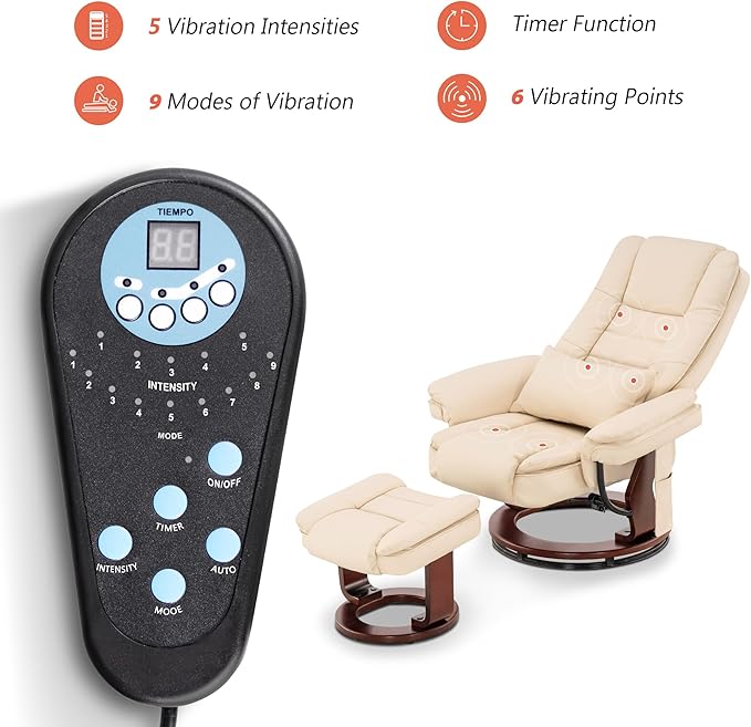 MCombo Swivel Recliner with Ottoman Chair, TV Chair Sets with Vibration Massage, for Small Space Living Room Bedroom 9096 9099 (Faux Leather, Cream White)
