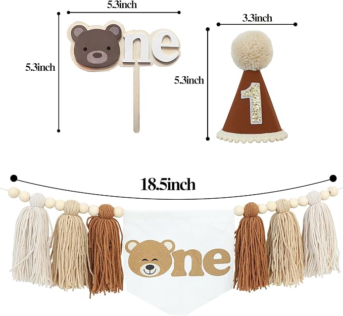 Bear Theme First One High Chair Banner For 1st Birthday Party Decorations With One Cake Topper
