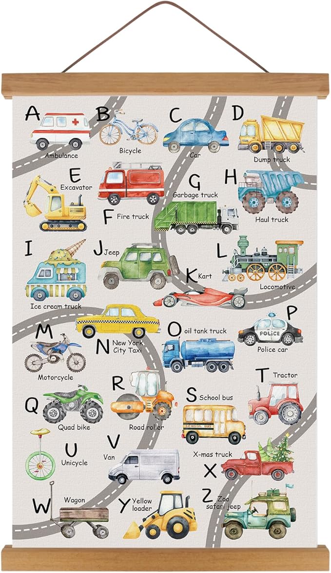 KAIRNE Transport Alphabet Poster With Wood Magnetic Hanging Framed(35CMx56CM) School Bus Vehicle ABC prints,Construction Boys Room Wall Art,Inspirational Truck Car Pictures for Boys Playroom Decor