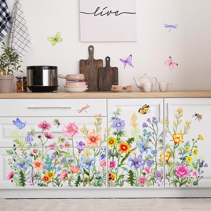 Colorful Floral Wall Decals Wildflowers Flower Wall Stickers Butterfly Green Plant Wall Mural Peel and Stick Flowers Wall Decor DIY Removable Wall Art for Girls Bedroom Nursery