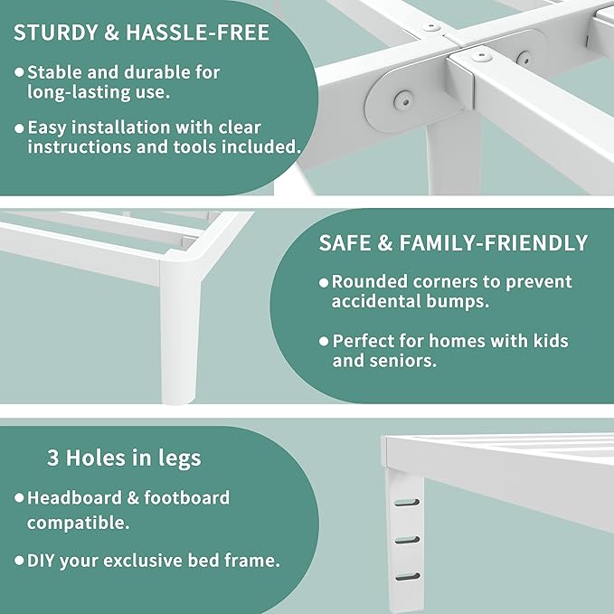 ITIMIDI 14 Inch King Size White Bed Frame with Round Corner Legs, Metal King Bed Frame Platform, Storage Space, No Box Spring Needed, Heavy Duty Steel Support 3500 LBS, Noiseless, Easy Assembly