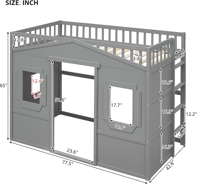 Twin Size Loft Bed with Safety Guardrail for Kids Boys Girls, Playhouse Design Solid Wood Loft Bed Frame with Ladder and Windows, Strong Wood Slats Support, Space-Saving (Gray)