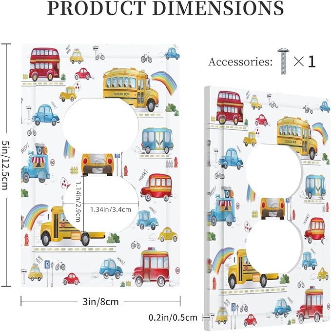 Kids Bus Taxi Truck 1 Gang Single Duplex Light Switch Plate Outlet Cover Decorative Wall Plate Switchplate Electrical Faceplate for Nursery Kidsroom Bedroom Decor