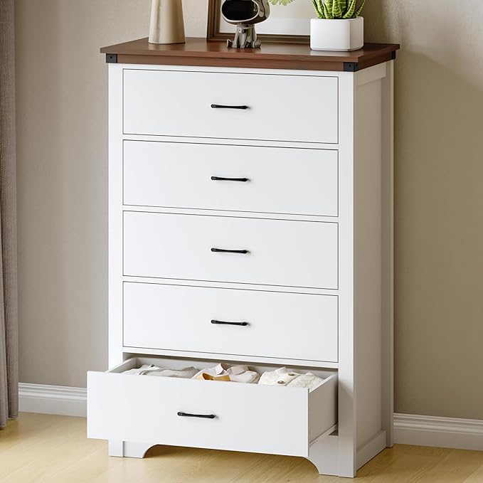 Farmhouse 5 Drawer Dresser for Bedroom, 47" Tall Chest of Drawers, Wood White Dresser with Deep Drawers, Storage Dressers Organizer for Bedroom, Living Room, Hallay, White