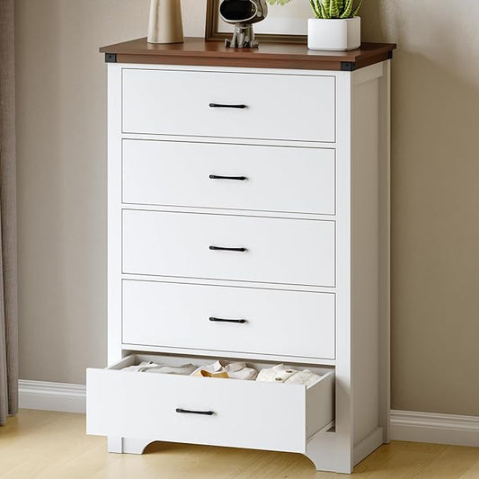 Farmhouse 5 Drawer Dresser for Bedroom, 47" Tall Chest of Drawers, Wood White Dresser with Deep Drawers, Storage Dressers Organizer for Bedroom, Living Room, Hallay, White
