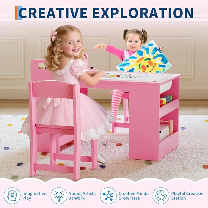 Kids Art Table and 2 Chairs, Craft Table with Large Storage Shelves,Toddler Wooden Drawing Desk Activity & Crafts Children's Wooden Furniture for Classroom Daycares,Home