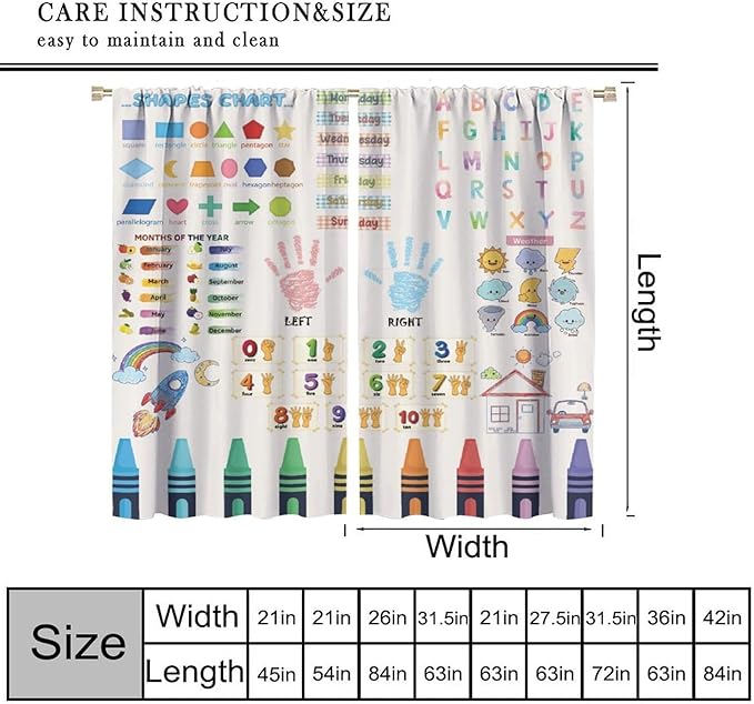 Kids Educational Alphabet Curtain,Boho Watercolor Alphabet Pastel Numbers Shapes Colors for Girls Child Nursery Home Kids Printed Rod Pocket Blackout Window Drapes for Bedroom Living Room 42"W X 45"L