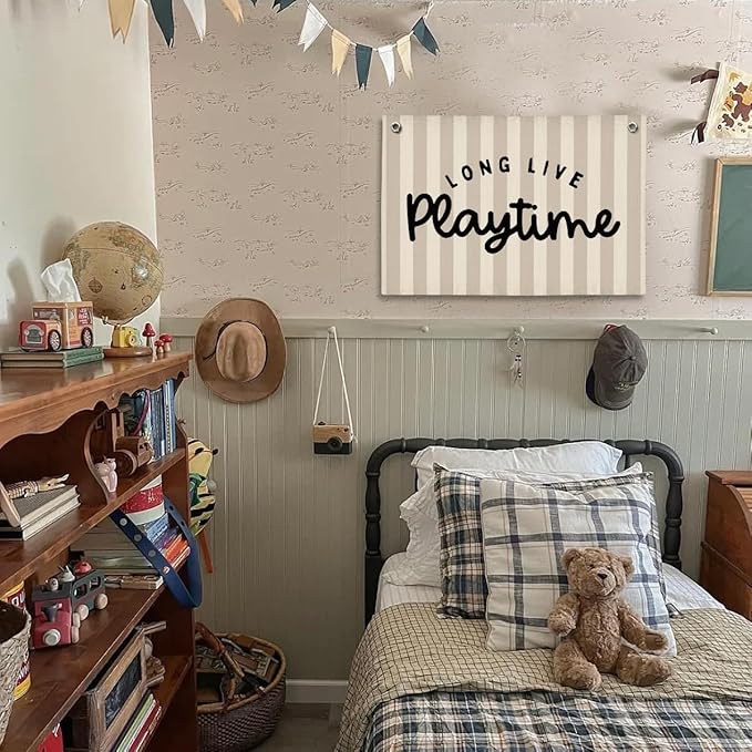 Playroom Decor, Long Live Playtime Wall Hanging Linen Banner, Blue Striped Wall Flag for Kids Room Nursery Playroom Decor, 20x30 Inch-Black