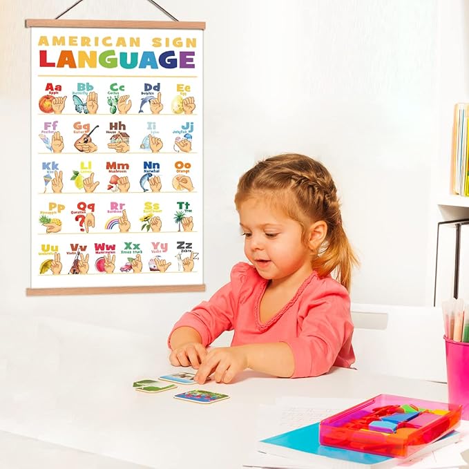 KAIRNE American Sign Language Poster With Wood Magnetic Hanger Framed(35CMx56CM),ASL Alphabet Wall art Teaching Aid alphabet Chart for Kids Playroom Classroom Decor