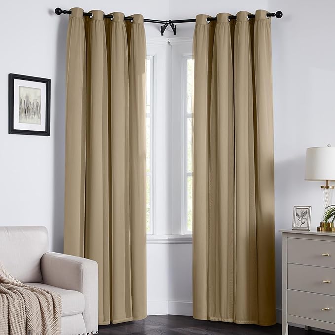 100% Blackout Curtains for Bedroom, Double Layer Khaki Curtains, Black Out Curtain 108 inch long With Sheer Overlay for Living Room, Room Darkening Window Drapes with Grommet, 52"W x 108"L